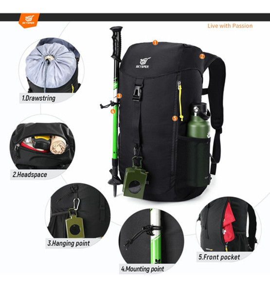 Mochila Para Senderismo 25l Impermeable Ligera Negra Skys... 1