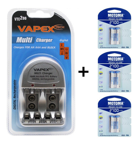 Combo Cargador Vapex Vte-200 + 6 X Pilas Motoma Aa 2700 Mah 0