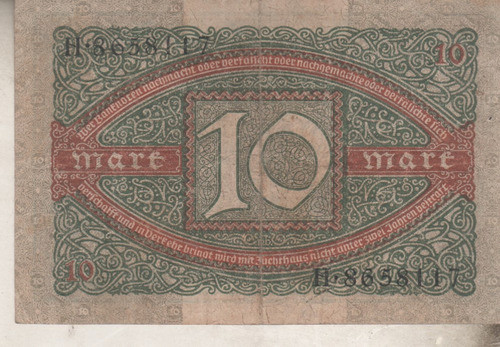 Antiguo Billete De * Alemania * 10 Marcos - Año 1920 1