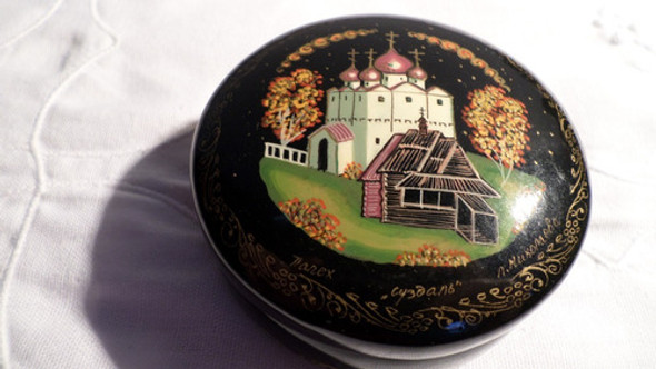 Antiguo Alhajero Joyero Ruso Madera Laqueada Negra Firmado 0