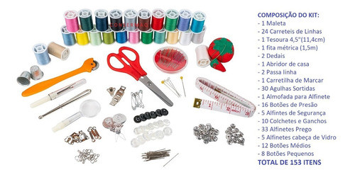 Kit 153 Peças Costura Maleta Linha Tesoura Agulha Alfinete 1