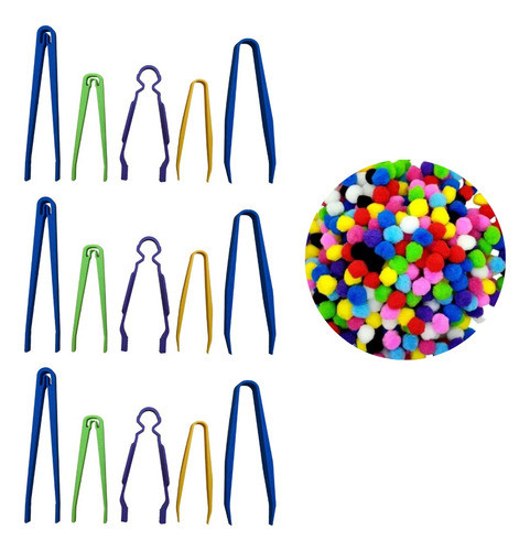 Kit Motricidad Fina Xl 9 Pinzas + 500 Pompones Por Mayor 0