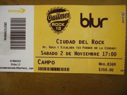 Entrada Original Blur Noviembre 2013 Ticket Coleccion 0