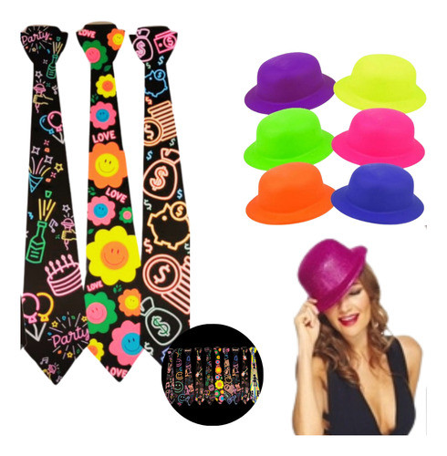 Kit Neon 10 Chapéus Coquinho E 10 Gravatas Modelos Sortidos 1