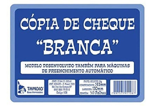Kit C/6 - Bloco Cópia Cheque Branca 50 Fls Tamoio 1