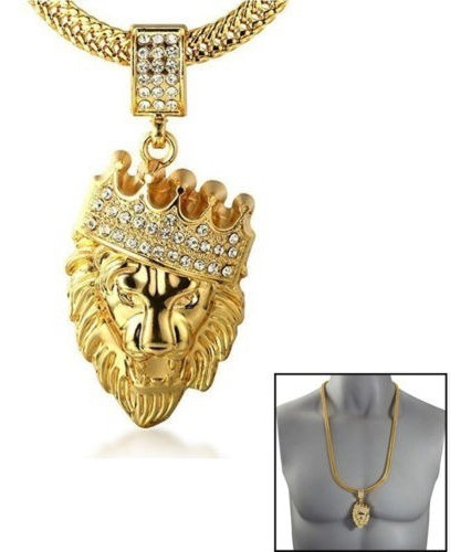 Hombre 18k Oro Corona Plateado Lion Head Collar + Tiburón Co 1