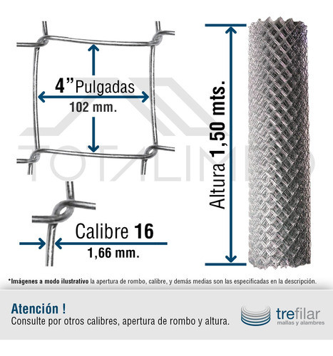 4 Rollos Alambrado Romboidal 4'' 1,50x10mts Cal 16 1
