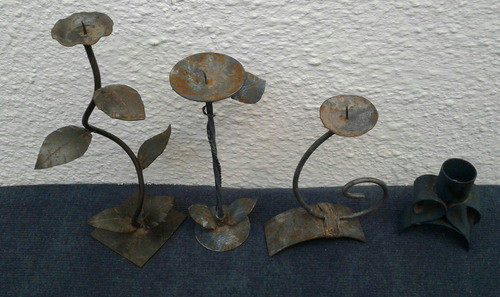 Lote De 4 Candelabros Artesanales De Hierro Forjado. 1
