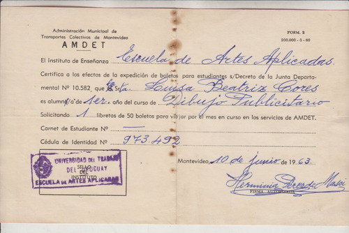 1963 Amdet Certificado De Utu Para Boleto De Estudiante Raro 0