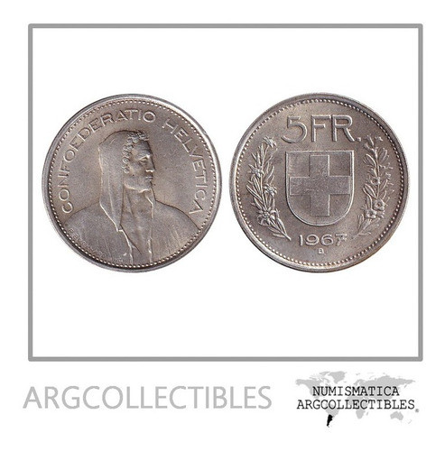 Suiza Moneda 5 Francos 1967 B Plata 835 Km-40 Au 0