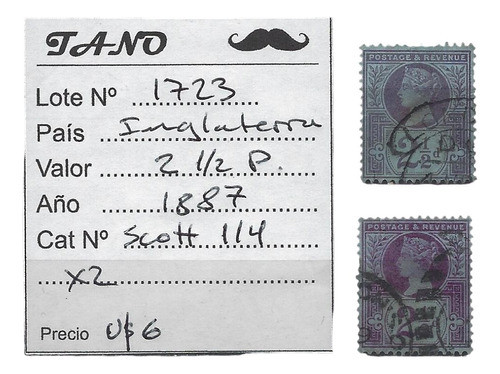 Lote1723 Inglaterra 2, 1/2 Pence Año 1887 Scott# 114 2 Tonos 0