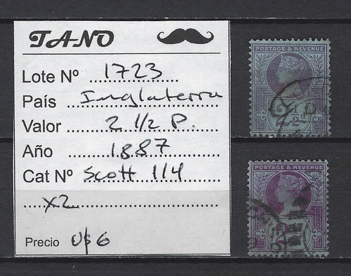 Lote1723 Inglaterra 2, 1/2 Pence Año 1887 Scott# 114 2 Tonos 1