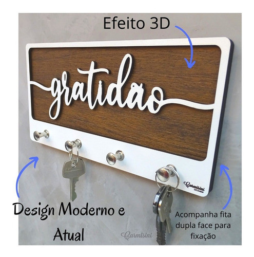 Porta Chaves De Parede Decorativo Gratidão Madeira Mdf Luxo 1
