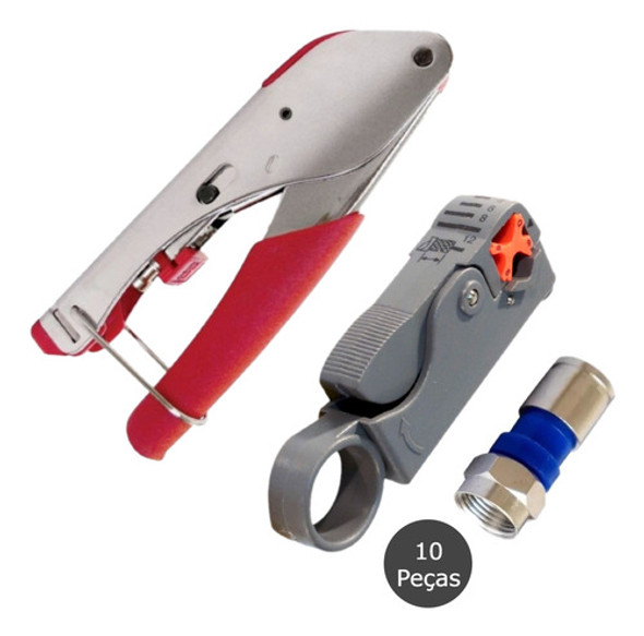 Kit Alicate Compressão + Decapador + 10 Conectores Rg6 0