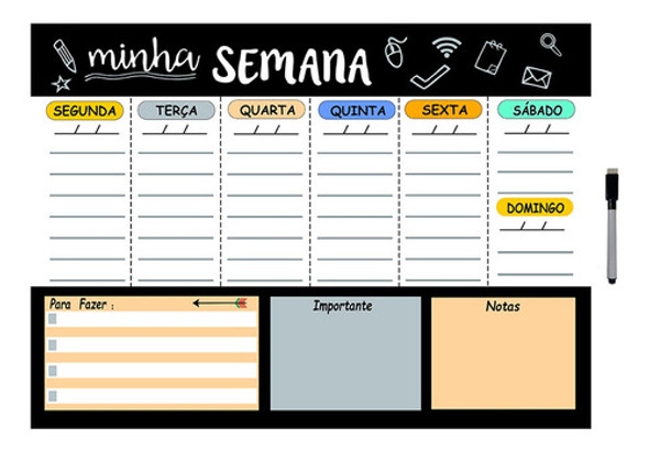 Mural Planejador De Metal Semanal 40x60cm M. Sem. + Caneta 0