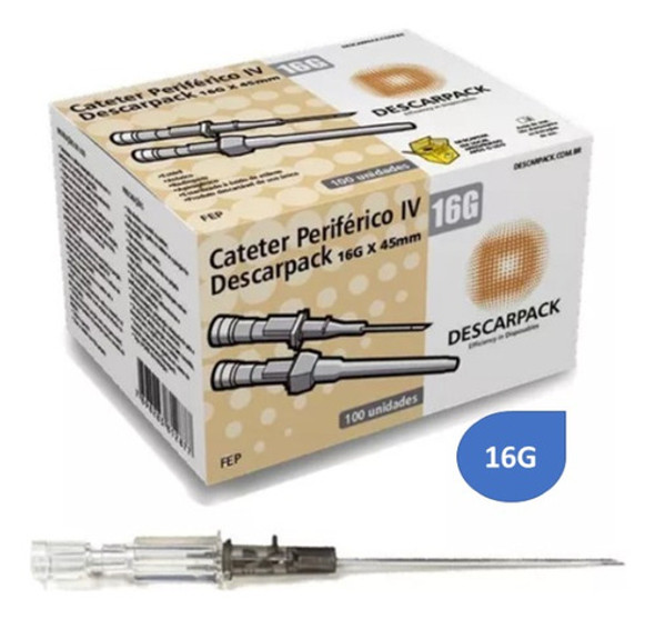 Cateter Iv 16g Periférico Intravenoso 100 Unid. Descarpack 1