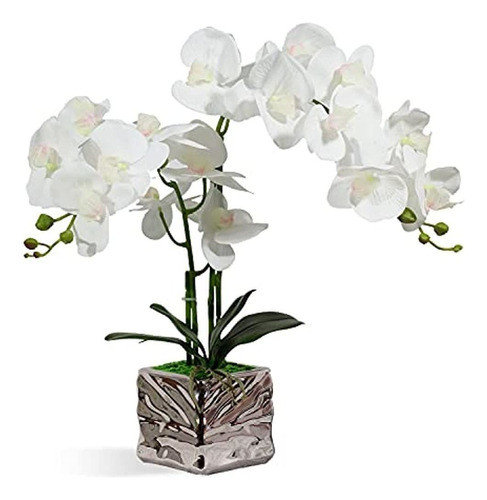 Orquídea Con Jarrón De Plata Flores Artificiales Planta De O 0