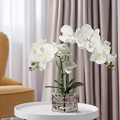 Orquídea Con Jarrón De Plata Flores Artificiales Planta De O 1