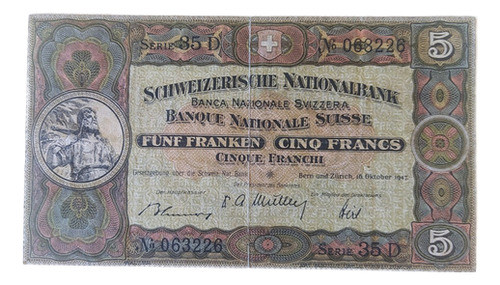 Antiguo Billete 5 Francos Suiza 1957 Pick 11 0