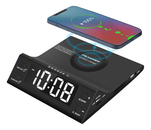 Peakeep Reloj Despertador Con Carga Inalmbrica Y Puerto Usb, 0
