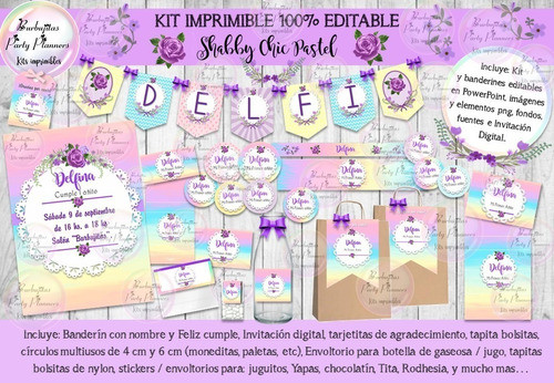 Kit Imprimible Candy Bar Shabby Chic Pastel 100% Editable 1