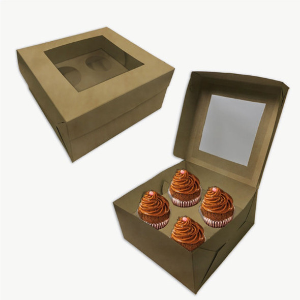 Cajas Para 4 Cupcakes Muffins Kraft C/cuna Y Visor Pack X 50 0