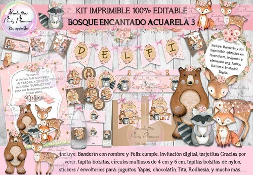 Kit Imprimible Animales Del Bosque Acuarela 3 100% Editable 1