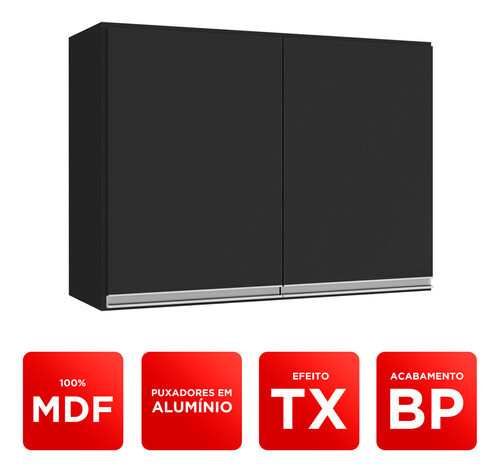 Armário Aéreo Multiuso Lux 80cm 100% Mdf 02 Portas Preto 1