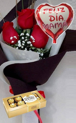 Ramo 3 Rosas Rojas C/bomb X8 C/globo Feliz Día Mama 0