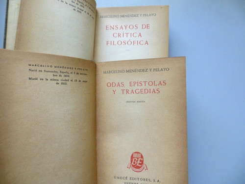 M Menendez Y Pelayo Odas, Epistolas Y Tragedias + Ensayos De 1