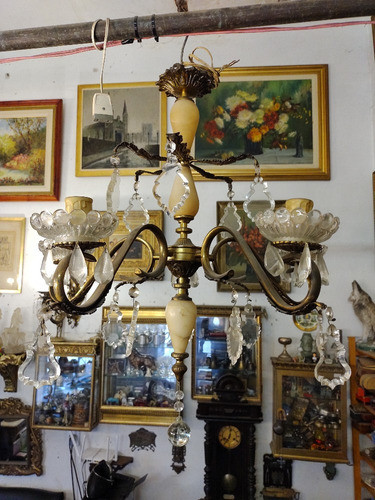 Araña Bronce Y Alabastro Con Caireles 5 Luces #4405 0