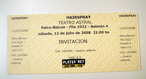 Entrada Hairspray Comedia Musical Teatro Astral 2008 Boedo 0