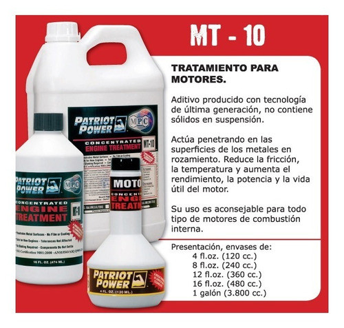 Aditivo Anti Friccion Patriot Power Mt-10 X 8oz. (237ml) 1