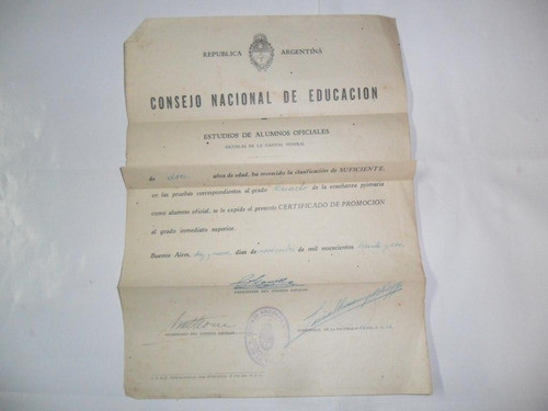 Consejo Nacional Educacion 1932 Certificado Escolar Alumno 0