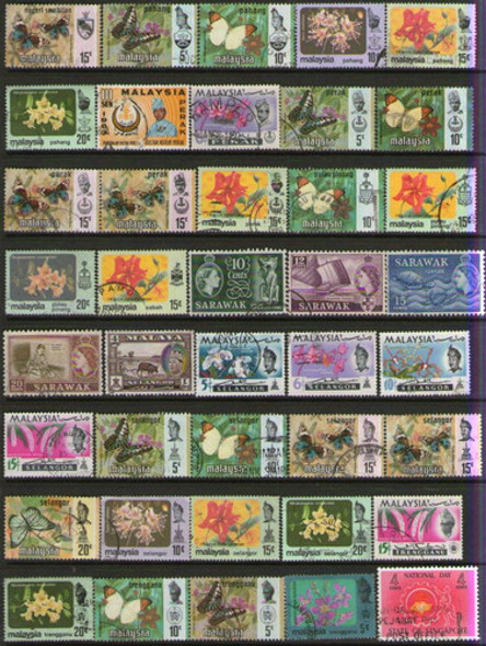 Malasia Y Estados 140 Sellos Mariposas, Tigres, Flores, Etc. 1
