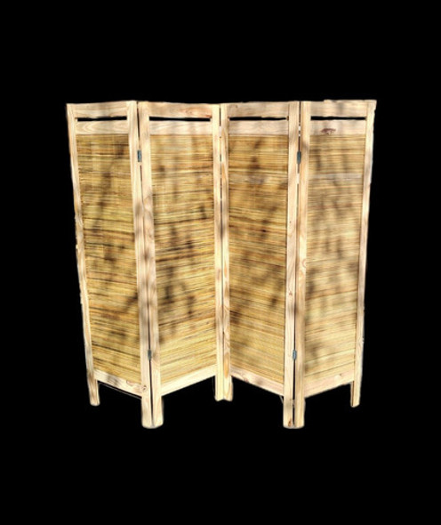 Biombo De 4 Hojas De Pino Con Junco 0
