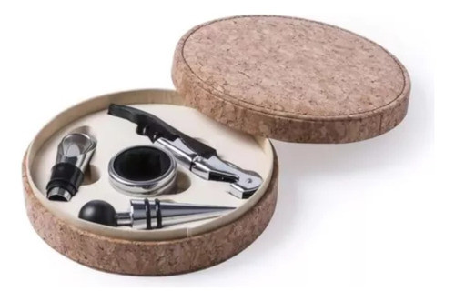Set De Accesorios Para Vino 4pzas Con Caja Redonda De Corcho 0