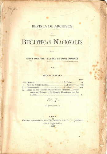 Revista De Archivos Y Bibliotecas Nacionales - Peru Año 1899 0