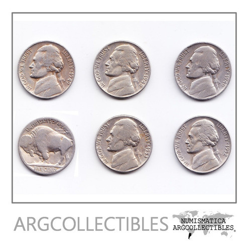 Usa Lote De 6 Monedas 5 Centavos Jefferson Y Bufalo Dif Años 0