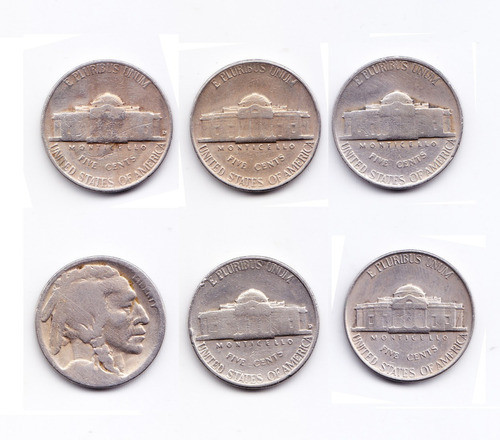 Usa Lote De 6 Monedas 5 Centavos Jefferson Y Bufalo Dif Años 1