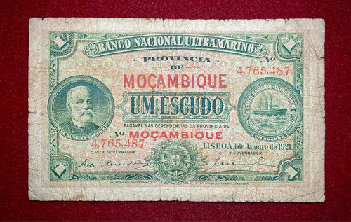 Billete 1 Escudo Mozambique 1921 Pick 66b Bradbury & Co Raro 0