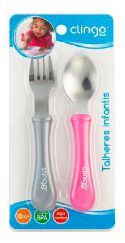 Kit Talher Infantil Aço Inox Cinza E Rosa - Clingo 0