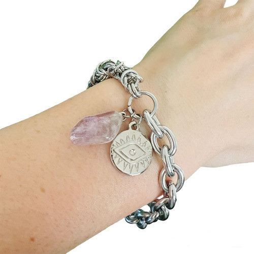 Pulsera De Acero Con Dije Piedra Amatista Y Dije Ojito 0