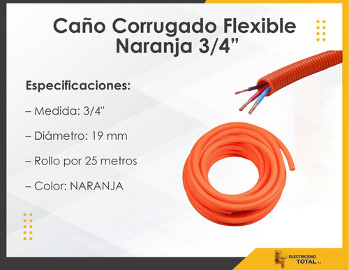 Caño Corrugado Flexible Naranja 3/4 Rollo X 25mts 1