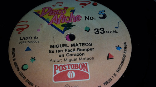 Miguel Mateos Disco Afiche No 5 Colombia Simple Vinilo 1989 1