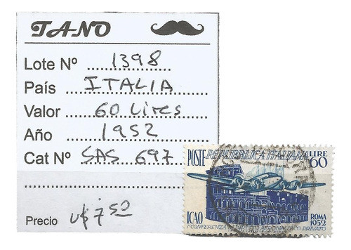 Lote1398 Italia 60 Liras Año 1952 Sas# 697 0