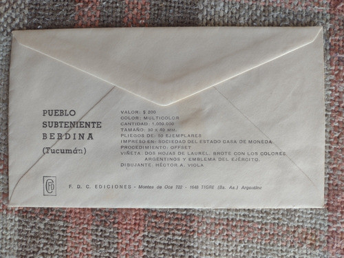 Sobre Conmemorativo Pueblo Subteniente Berdina Tucumán 1
