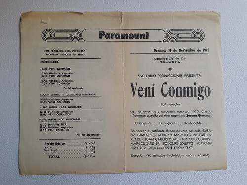 Antiguo Programa Del Cine Paramount - Susana Gimenez 1