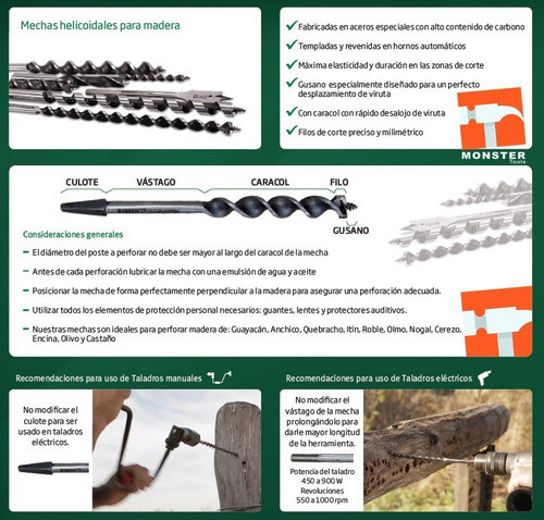 Mecha Taladro Eléctrico Madera Dura 3/8 Extra Larga Biassoni 1