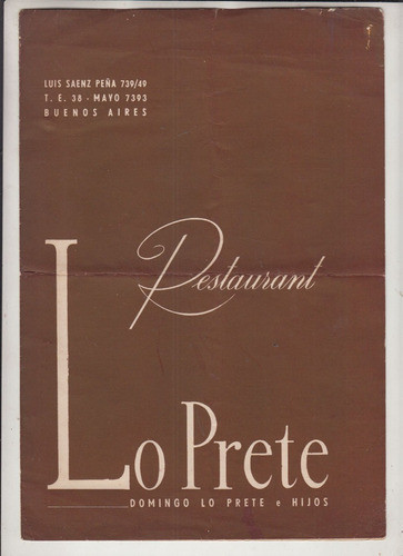 1958 Buenos Aires Menu Del Restaurante Lo Prete Vintage Raro 0